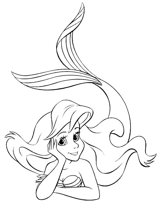 Desenho de contorno em preto e branco da sereia Ariel de frente, com a mão no queixo e a cauda curvada para cima em um movimento elegante.