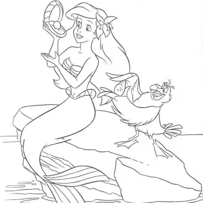 Desenho de contorno em preto e branco da sereia Ariel sentada em uma rocha na água, segurando uma ostra aberta com uma pérola, enquanto o pássaro Sabidão olha surpreso.