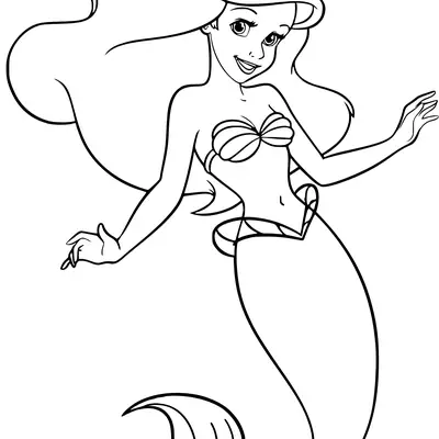 Desenho de contorno em preto e branco da sereia Ariel com braços abertos, cabelos longos e fluidos, e cauda curvada em movimento.
