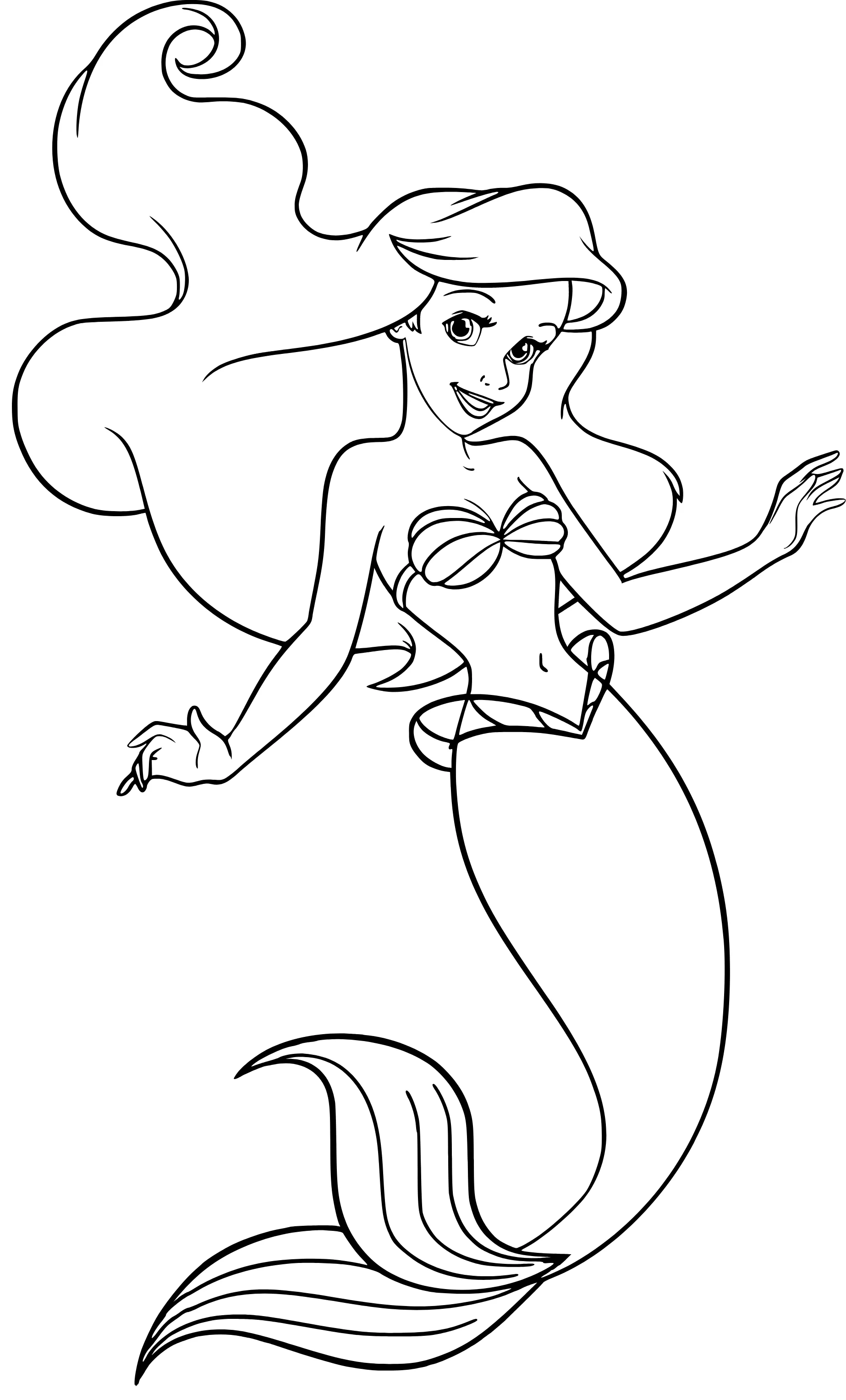 Desenho de contorno em preto e branco da sereia Ariel com braços abertos, cabelos longos e fluidos, e cauda curvada em movimento.