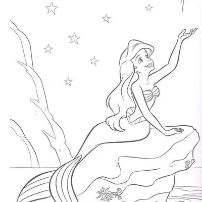 Desenho de contorno em preto e branco da sereia Ariel sentada em uma rocha na água, olhando para cima e apontando para várias estrelas no céu noturno.