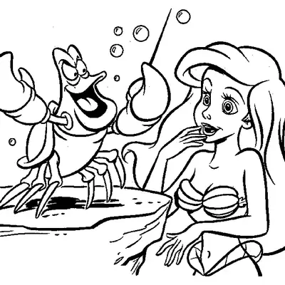 Desenho de contorno em preto e branco da sereia Ariel olhando para o caranguejo Sebastião, que segura uma batuta de maestro em cima de uma pedra.