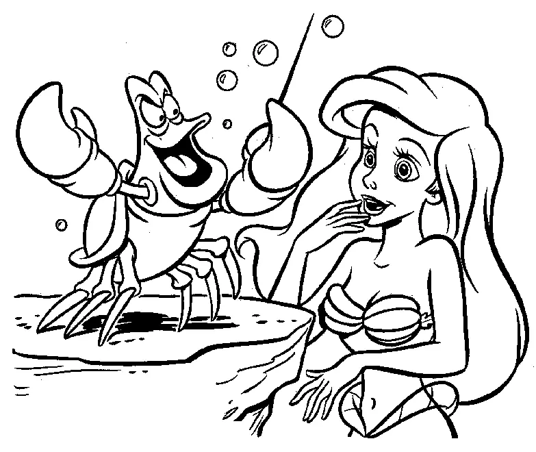Desenho de contorno em preto e branco da sereia Ariel olhando para o caranguejo Sebastião, que segura uma batuta de maestro em cima de uma pedra.