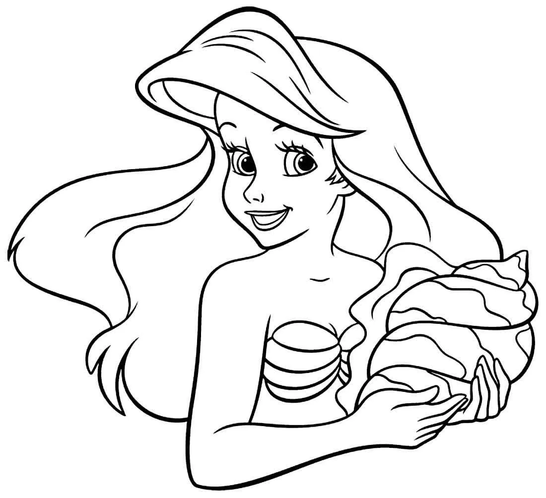 Desenho de contorno em preto e branco da Pequena Sereia Ariel, de perfil, segurando uma concha em espiral grande com ambas as mãos.