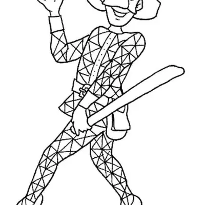 Desenho de contorno de um Arlequim sorridente, usando uma roupa colada com estampa geométrica, chapéu com pena e segurando um bastão longo.