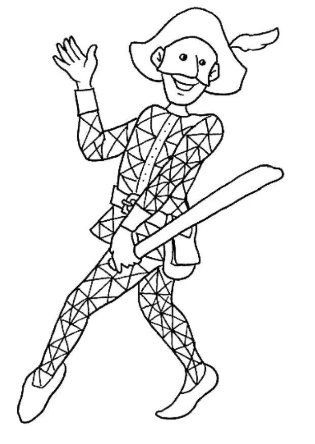 Desenho de contorno de um Arlequim sorridente, usando uma roupa colada com estampa geométrica, chapéu com pena e segurando um bastão longo.