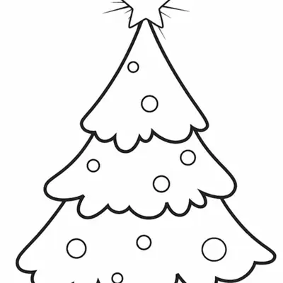 Desenho de contorno de uma árvore de Natal de três níveis, decorada com várias bolinhas redondas e uma estrela brilhante com raios no topo.