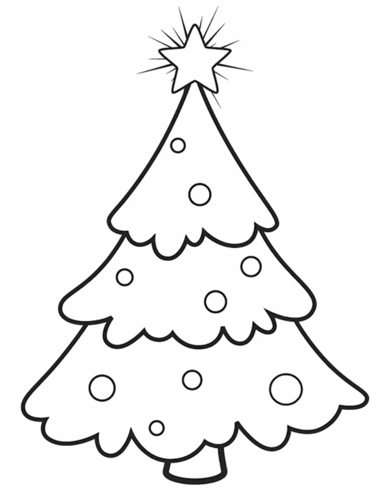 Desenho de contorno de uma árvore de Natal de três níveis, decorada com várias bolinhas redondas e uma estrela brilhante com raios no topo.