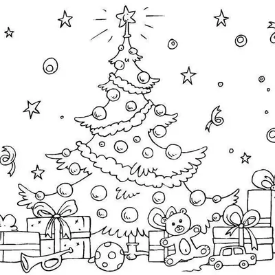 Desenho de contorno de uma árvore de Natal fina e elegante com estrela, cercada na base por presentes com laços, um urso de pelúcia, um carrinho, uma corneta e estrelas flutuando.