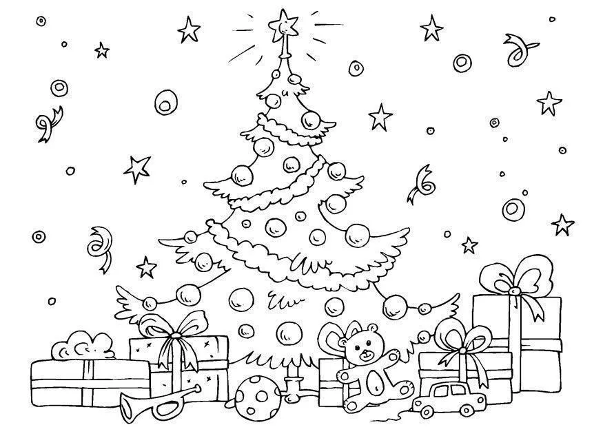 Desenho de contorno de uma árvore de Natal fina e elegante com estrela, cercada na base por presentes com laços, um urso de pelúcia, um carrinho, uma corneta e estrelas flutuando.