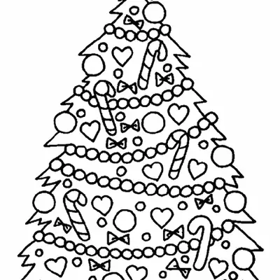 Desenho de contorno de uma árvore de Natal em formato de cone, decorada com muitos corações, bengalas doces listradas, pequenos laços, bolinhas e uma estrela no topo.