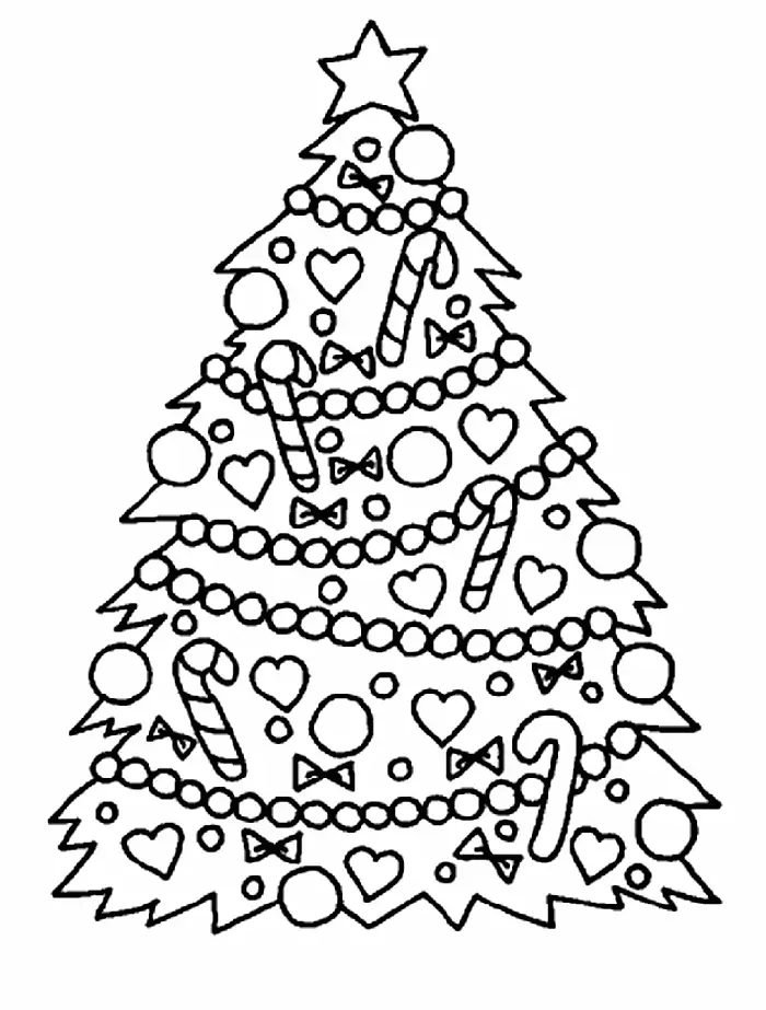 Desenho de contorno de uma árvore de Natal em formato de cone, decorada com muitos corações, bengalas doces listradas, pequenos laços, bolinhas e uma estrela no topo.