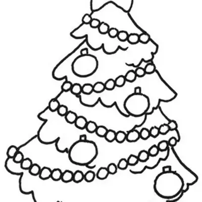Desenho de contorno de uma árvore de Natal de quatro níveis, decorada com cordões de pequenas contas circulares, quatro bolinhas penduradas e uma estrela no topo.