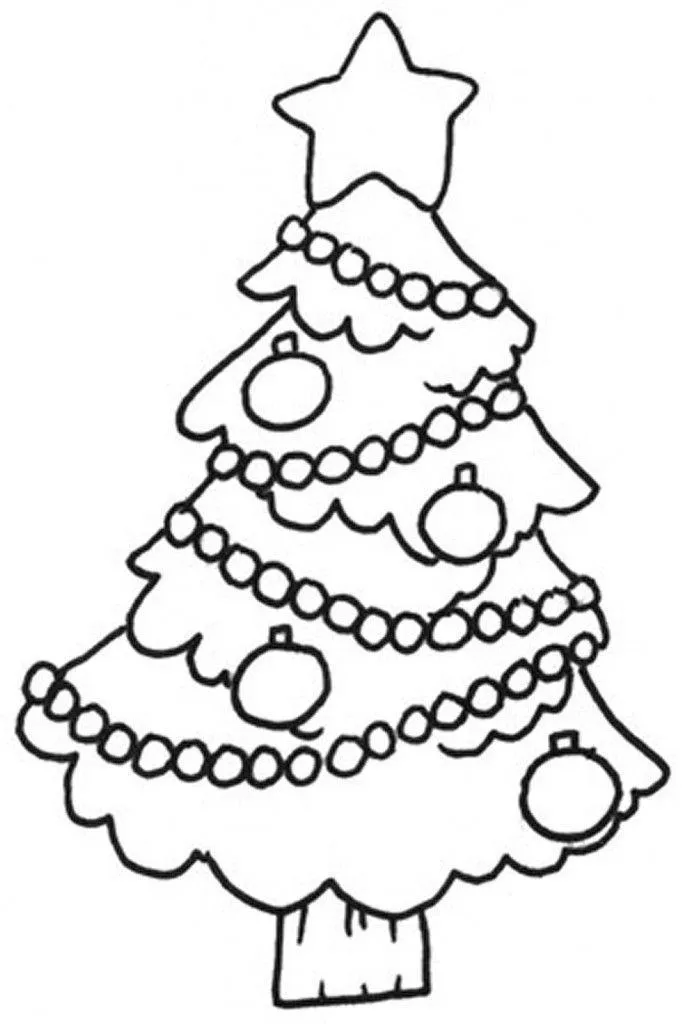 Desenho de contorno de uma árvore de Natal de quatro níveis, decorada com cordões de pequenas contas circulares, quatro bolinhas penduradas e uma estrela no topo.