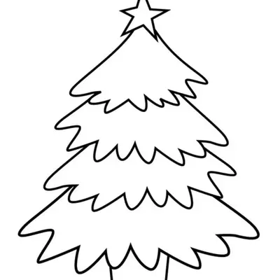 Desenho de contorno de uma árvore de Natal de pinheiro com quatro camadas de galhos e uma estrela de cinco pontas no topo.