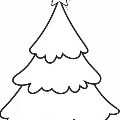 Desenho de contorno de uma árvore de Natal de pinheiro com três camadas e uma estrela no topo com pequenos traços representando brilho.