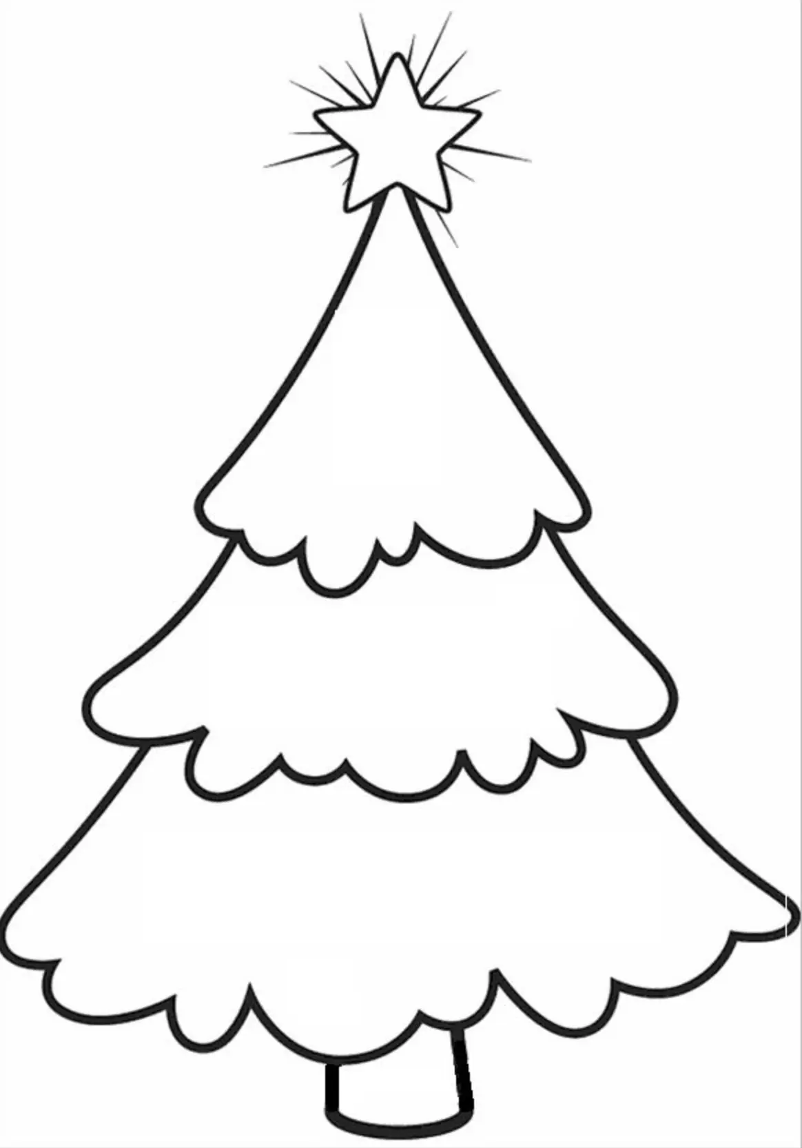 Desenho de contorno de uma árvore de Natal de pinheiro com três camadas e uma estrela no topo com pequenos traços representando brilho.