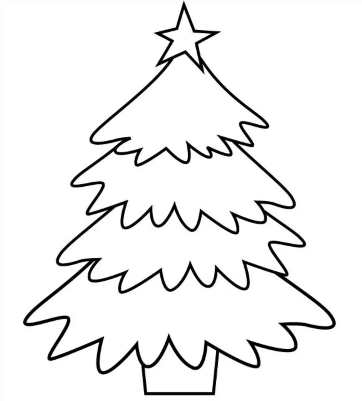 Desenho de contorno de uma árvore de Natal de pinheiro com quatro camadas de galhos e uma estrela de cinco pontas no topo.