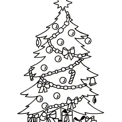 Desenho de contorno de uma árvore de Natal decorada com laços de fita, correntes de elos, bolinhas, sinos e bengalas doces, com vários presentes na base.