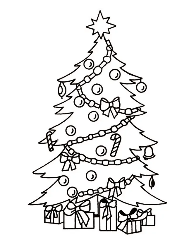 Desenho de contorno de uma árvore de Natal decorada com laços de fita, correntes de elos, bolinhas, sinos e bengalas doces, com vários presentes na base.