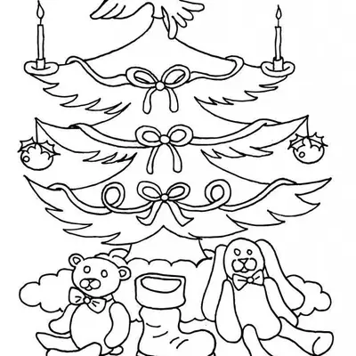 Desenho de contorno de uma árvore de Natal com uma pomba da paz no topo, velas acesas nos galhos, laços decorativos e, na base, um urso de pelúcia, uma bota e um coelho.