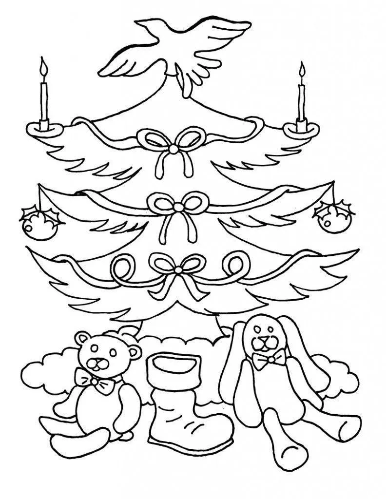 Desenho de contorno de uma árvore de Natal com uma pomba da paz no topo, velas acesas nos galhos, laços decorativos e, na base, um urso de pelúcia, uma bota e um coelho.