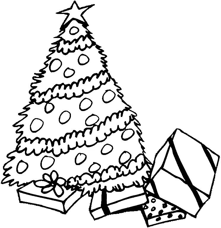 Desenho de contorno de uma árvore de Natal decorada com bolinhas e festões, uma estrela no topo e vários pacotes de presente com laços na base.