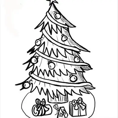 Desenho de contorno de uma árvore de Natal com fitas em espiral, bolinhas decorativas, uma estrela no topo e presentes na base sobre um saiote circular.