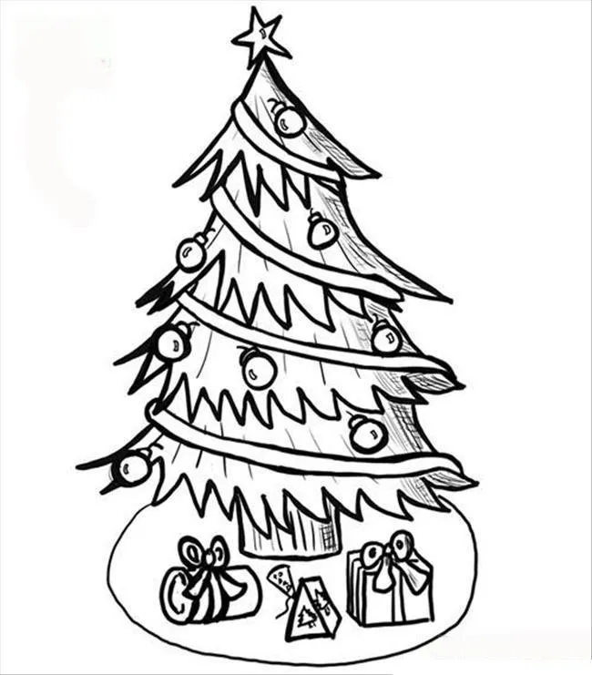 Desenho de contorno de uma árvore de Natal com fitas em espiral, bolinhas decorativas, uma estrela no topo e presentes na base sobre um saiote circular.