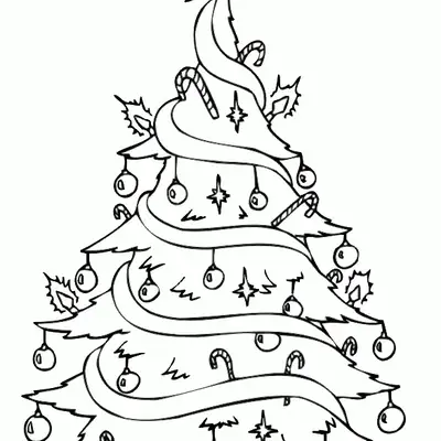 Desenho de contorno detalhado de uma árvore de Natal com fitas largas em espiral, bengalas de açúcar, bolinhas penduradas, pequenas estrelas e uma grande estrela no topo.