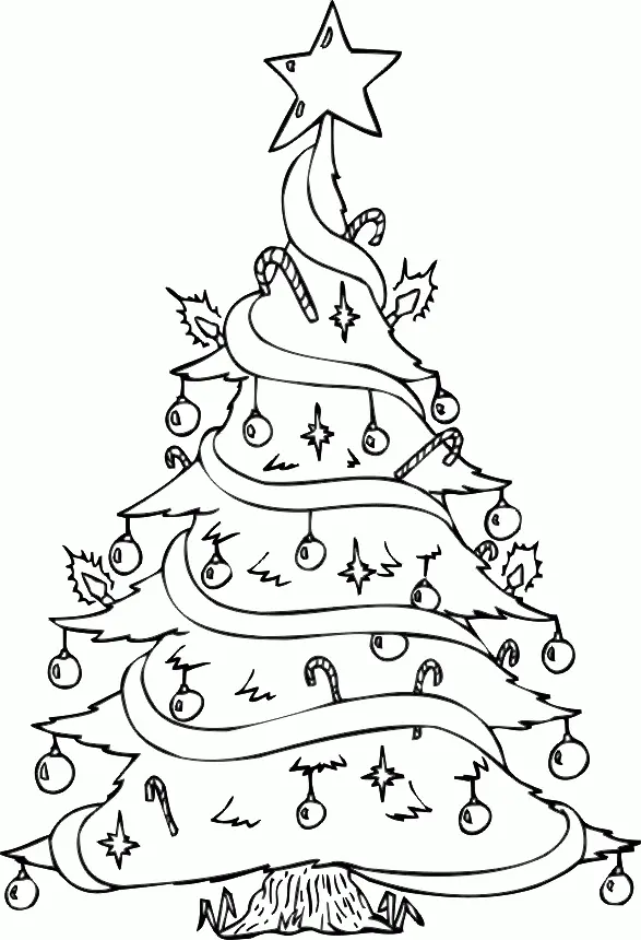 Desenho de contorno detalhado de uma árvore de Natal com fitas largas em espiral, bengalas de açúcar, bolinhas penduradas, pequenas estrelas e uma grande estrela no topo.