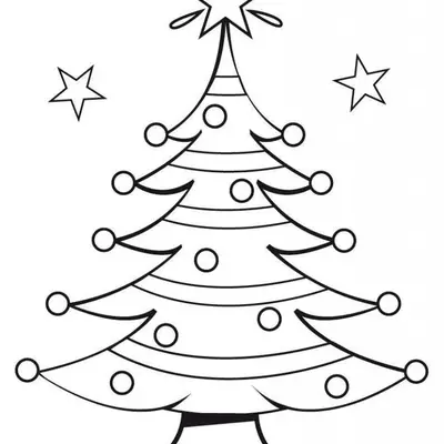 Desenho de contorno de uma árvore de Natal com listras horizontais, círculos decorativos nas pontas dos galhos e uma grande estrela radiante no topo.