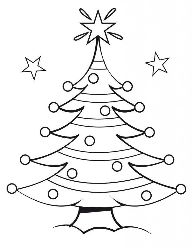 Desenho de contorno de uma árvore de Natal com listras horizontais, círculos decorativos nas pontas dos galhos e uma grande estrela radiante no topo.