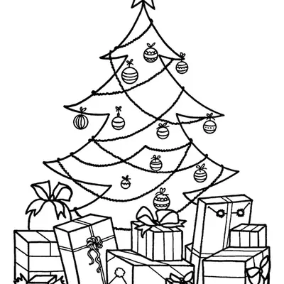 Desenho de contorno de uma árvore de Natal de três níveis com cordões de bolinhas e uma estrela, cercada na base por muitos pacotes de presente com laços e papéis decorados.