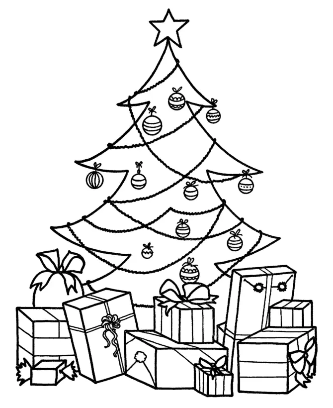 Desenho de contorno de uma árvore de Natal de três níveis com cordões de bolinhas e uma estrela, cercada na base por muitos pacotes de presente com laços e papéis decorados.