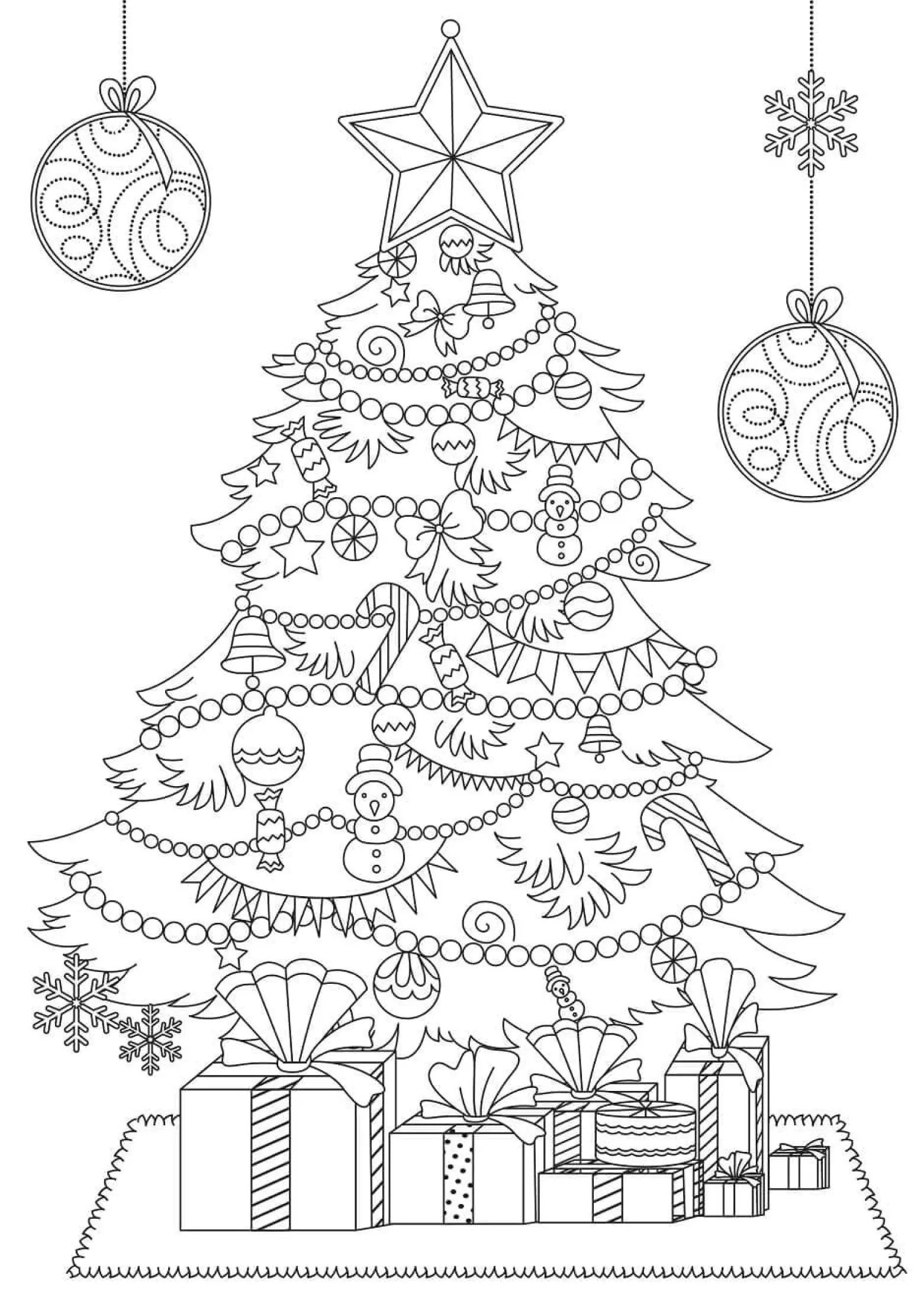 Desenho de contorno de uma grande árvore de Natal decorada com cordões de pérolas, sinos, bonecos de neve, bengalas e uma estrela no topo, com presentes embaixo.