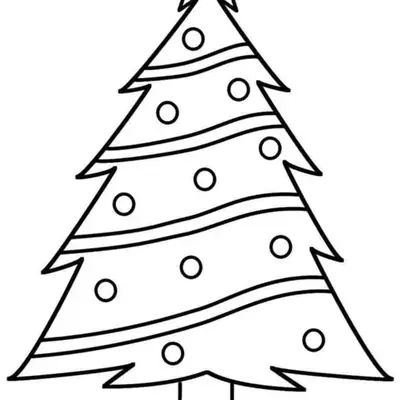 Desenho de contorno de uma árvore de Natal em um vaso, com listras horizontais onduladas, bolinhas decorativas e uma estrela de cinco pontas no topo.