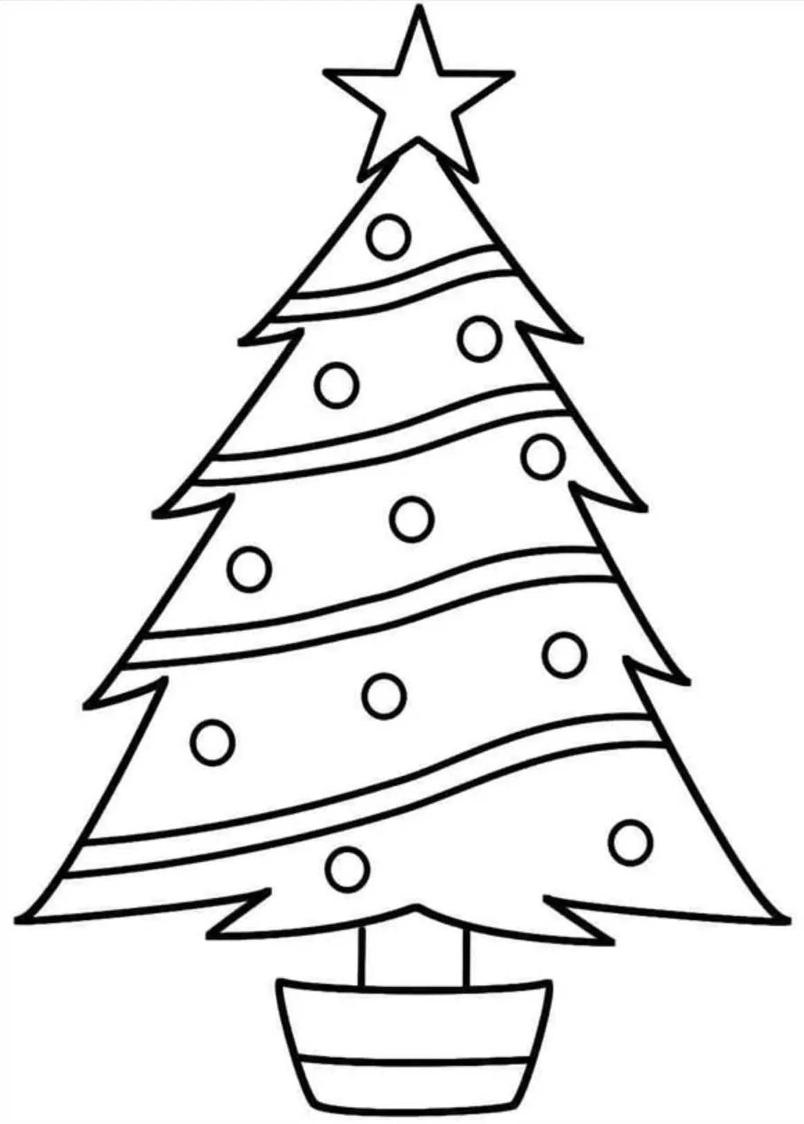 Desenho de contorno de uma árvore de Natal em um vaso, com listras horizontais onduladas, bolinhas decorativas e uma estrela de cinco pontas no topo.