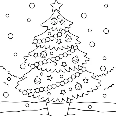Desenho de contorno de uma árvore de Natal em um vaso, decorada com cordões de bolinhas, estrelas e esferas natalinas, cercada por flocos de neve redondos.