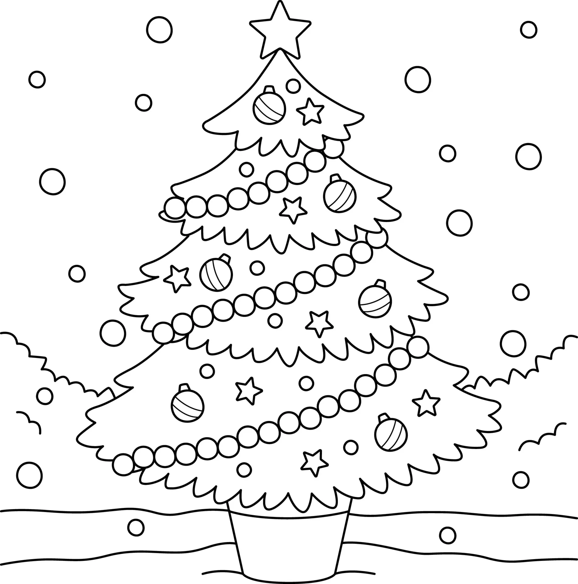 Desenho de contorno de uma árvore de Natal em um vaso, decorada com cordões de bolinhas, estrelas e esferas natalinas, cercada por flocos de neve redondos.