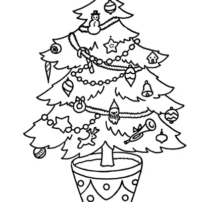 Desenho de contorno de uma árvore de Natal em um vaso redondo decorado, com enfeites pendurados de boneco de neve, estrela, rena, sino e corneta.