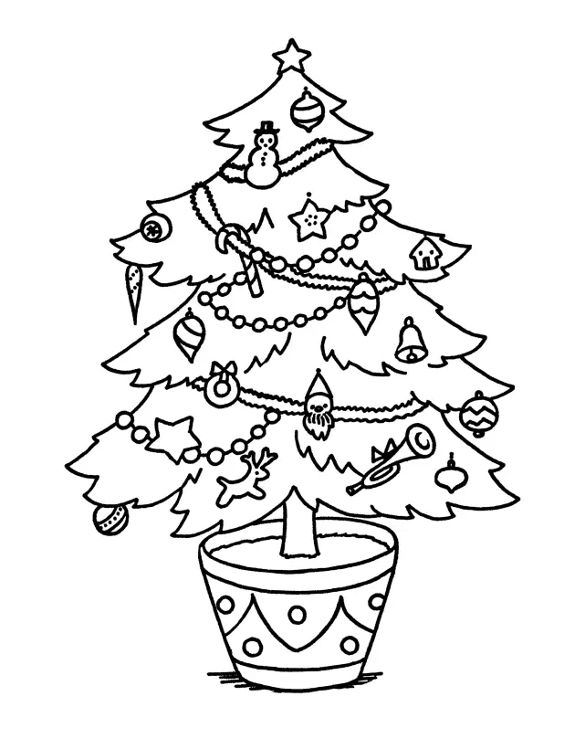 Desenho de contorno de uma árvore de Natal em um vaso redondo decorado, com enfeites pendurados de boneco de neve, estrela, rena, sino e corneta.