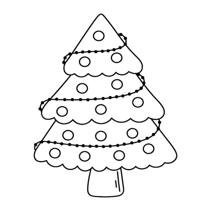 Desenho de contorno simples de uma árvore de Natal de três níveis, decorada com várias bolinhas redondas e três cordões de contas atravessados.