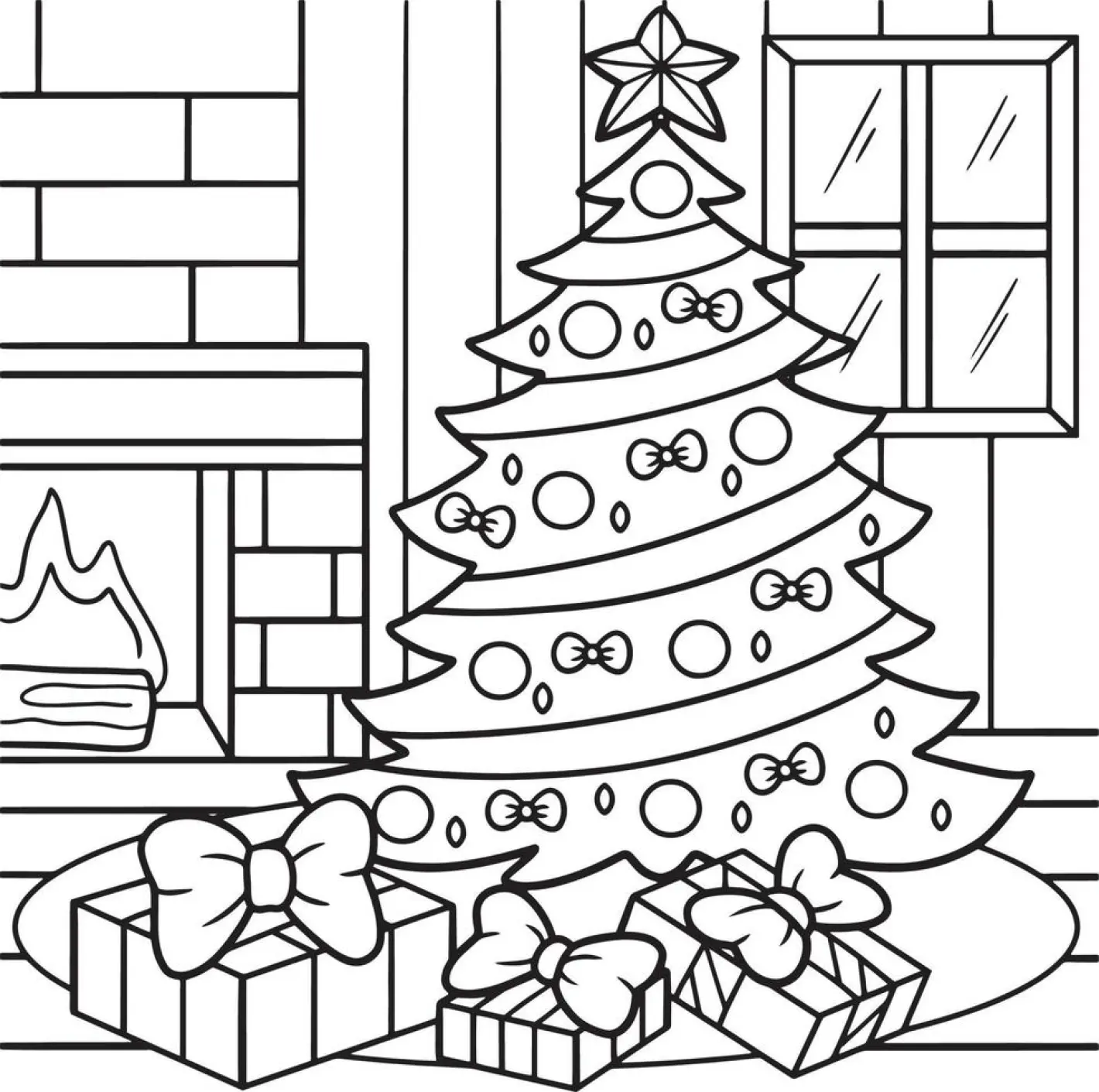 Desenho de contorno de uma árvore de Natal decorada com laços e bolas, com três presentes grandes à frente e uma lareira com fogo ao fundo.