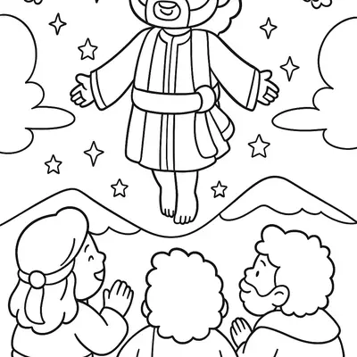 Desenho de contorno estilo infantil de Jesus flutuando em direção ao céu com os braços abertos, enquanto três discípulos o observam de joelhos.