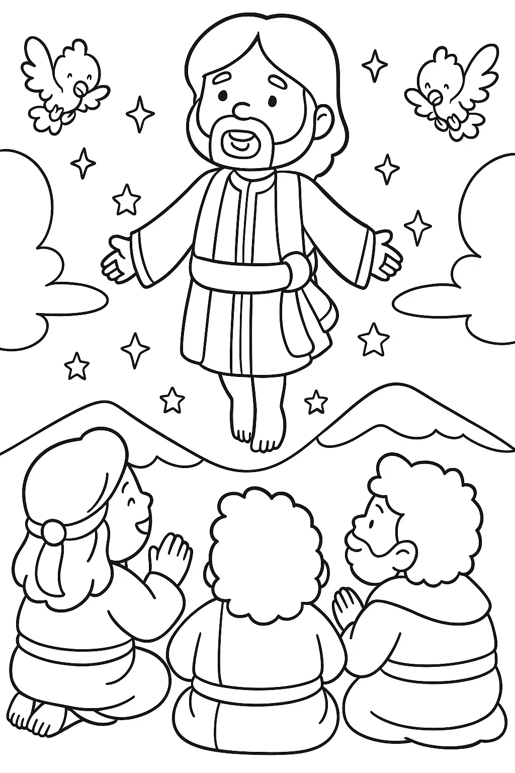 Desenho de contorno estilo infantil de Jesus flutuando em direção ao céu com os braços abertos, enquanto três discípulos o observam de joelhos.
