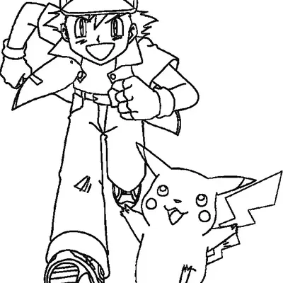 Desenho de Ash Ketchum e Pikachu Correndo para Colorir