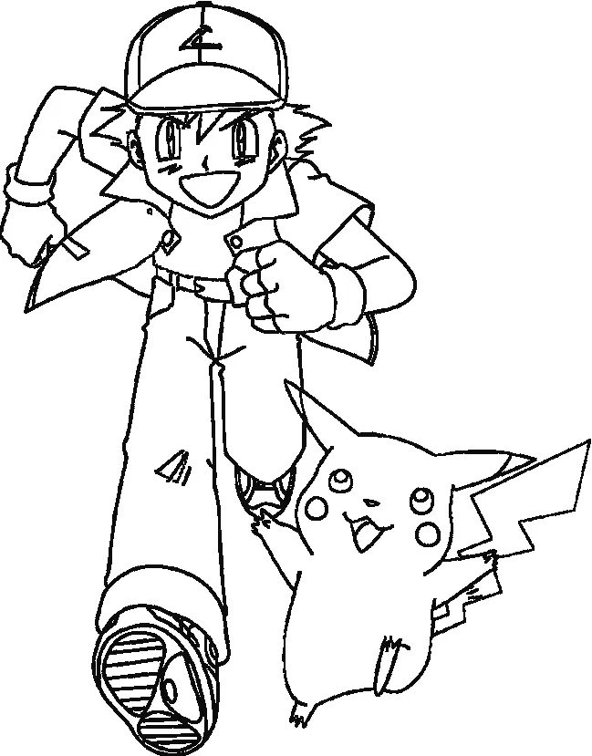 Desenho de contorno em preto e branco de Ash Ketchum correndo para frente com um sorriso, acompanhado por Pikachu correndo ao seu lado.