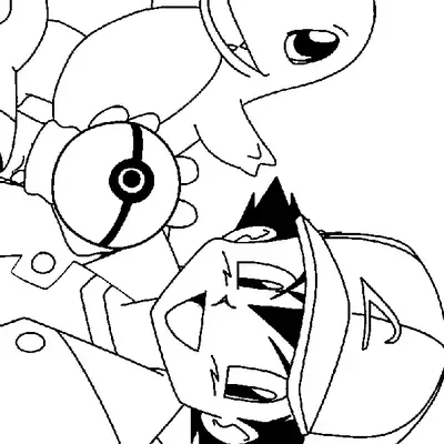Desenho de Ash Ketchum com Squirtle e Pokebola para Colorir