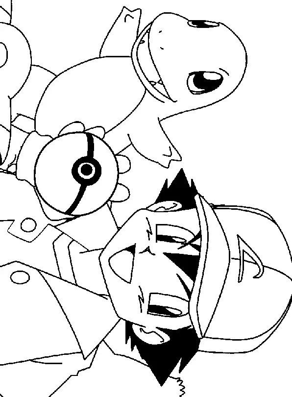 Desenho de contorno em preto e branco do treinador Ash Ketchum segurando uma Pokebola e o Pokémon Squirtle sorrindo ao fundo.